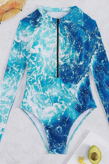 Printed Half-Zip Long Sleeve Rash Guard Swimsuit